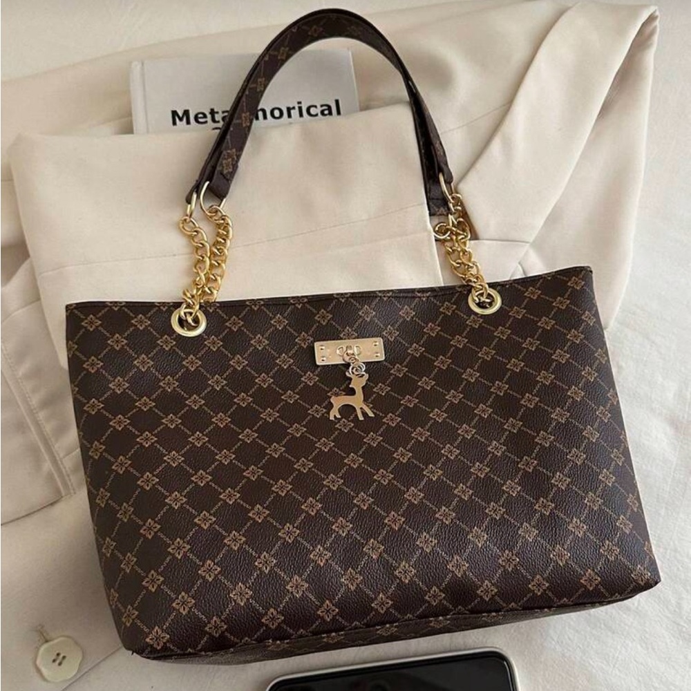 ⚠️Clearance Patterned Chain Shoulder Tote Bag Elegant Brown Gold Accent - Picture 7 of 9